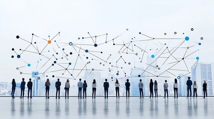 Silhouette figures of a professional team connected by a digital network of bright links and dots symbolizing connectivity in a modern corporate or office setting