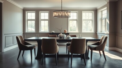 Fototapeta premium A modern dining room with large windows and a chandelier, showcasing a wooden table, six chairs, and a floral centerpiece.
