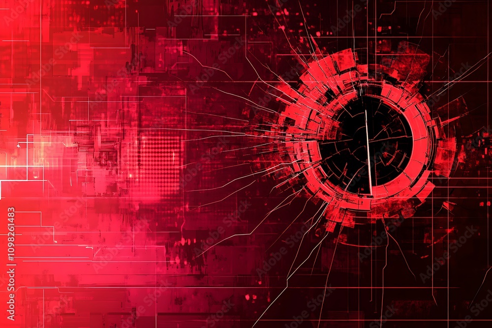 Poster abstract digital design with red tones and circular patterns, suggesting technology and data.