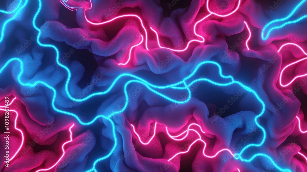 Poster a vibrant, abstract background featuring flowing pink and blue neon lines, creating a dynamic and en