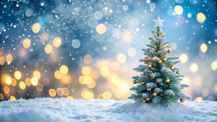 Empty white snow with blur Christmas tree with bokeh light background
