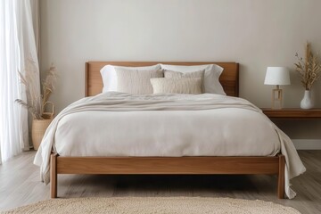 Obraz premium A cozy, modern bedroom featuring a wooden bed frame, soft linens, and minimalistic decor, creating a serene and inviting atmosphere.