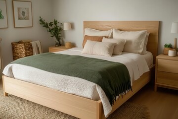 Obraz premium A cozy, minimalist bedroom featuring a wooden bed, soft bedding, and green accents, creating a serene and inviting atmosphere.