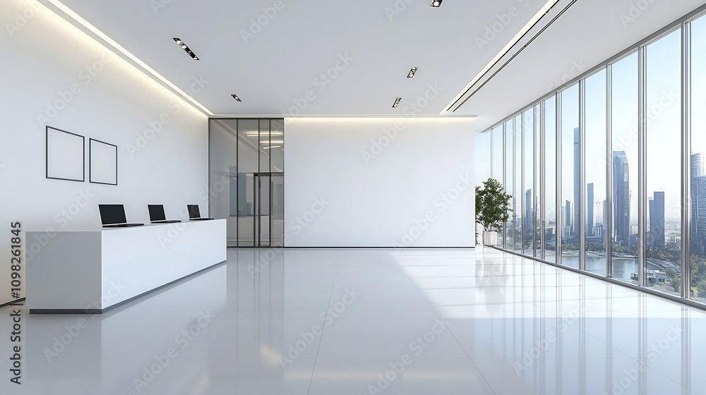 Aufkleber a sleek and contemporary 3d rendered office space with pristine white walls laptops on stylish desks