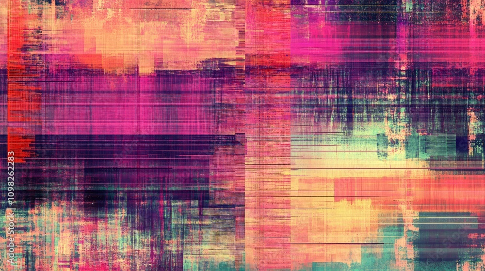 Aufkleber glitch art pattern with layers of data lines and jagged pixels, giving a cyberpunk feel