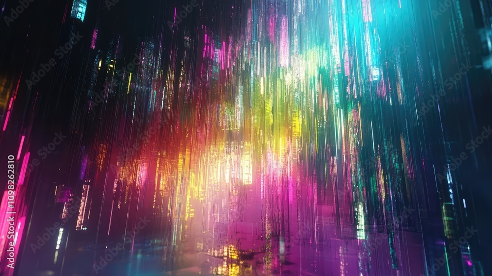 Poster glitchy, fractured screen with shifting data patterns, saturated rainbow tones, and color bleeding