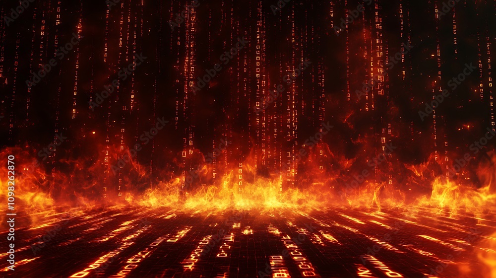 Poster a fiery digital landscape with flowing binary code, evoking a sense of virtual chaos.