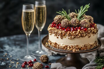 Fototapeta premium Tasty cake with chopped nuts on the sides and topped with pomegranate seeds, rosemary sprigs, and truffle like balls coated in crushed nuts on a stand against a table, with space for text. 