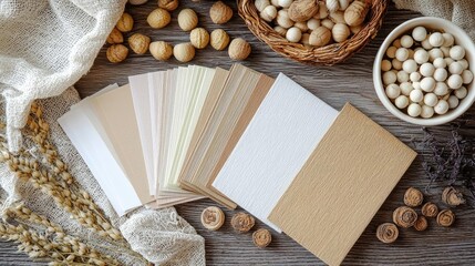 Fototapeta premium Elegant flat lay of color palette cards in Chardonnay hues with natural elements like wood and linen textures