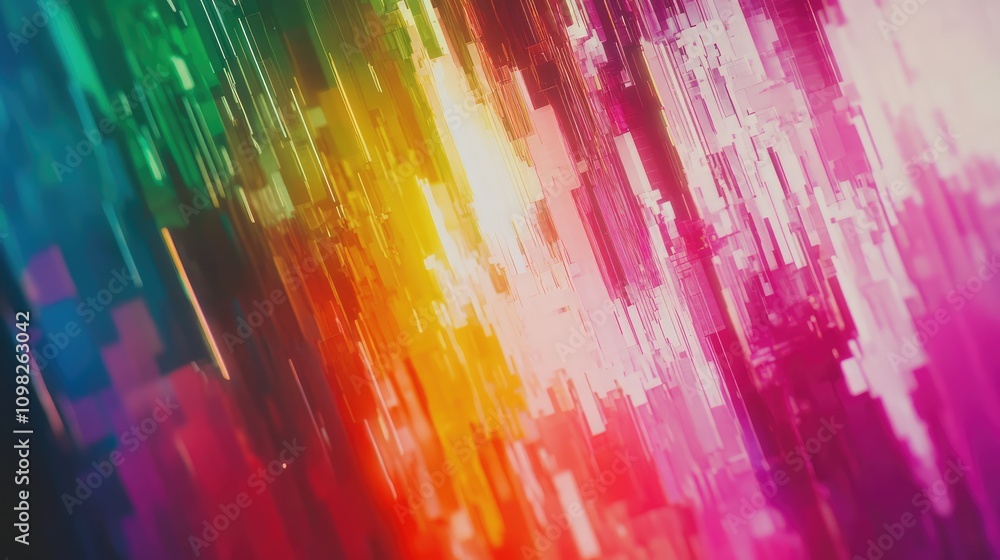 Poster glitchy, fractured screen with shifting data patterns, saturated rainbow tones, and color bleeding