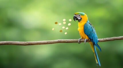 Majestic golden hued parrot perched elegantly on a branch as a shower of glittering coins rains down creating a rich luxurious atmosphere of wealth and prosperity