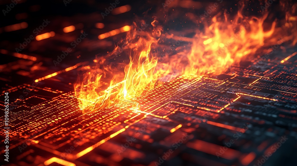 Aufkleber abstract representation of digital circuits engulfed in flames.