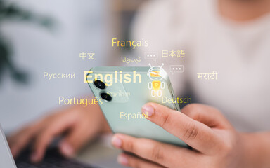 Woman use smartphone with Translator app, Translator app, language course and e-learning concept,...
