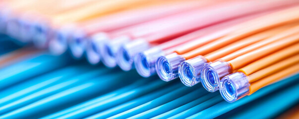 Fototapeta premium Fiber optic performance concept. Colorful fiber optic cables arranged in vibrant pattern, showcasing technology