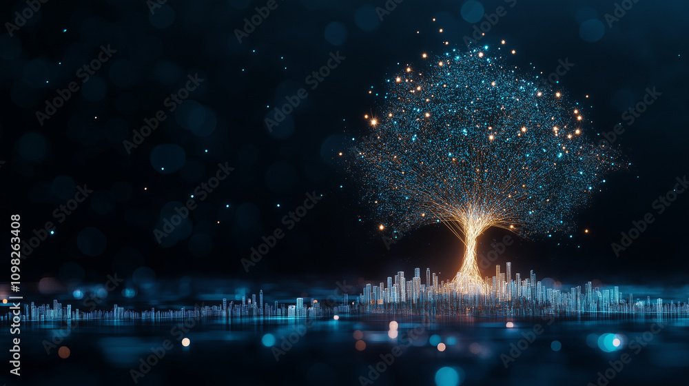 Poster digital tree of growth: a mesmerizing tree composed of shimmering particles illuminates the darkness