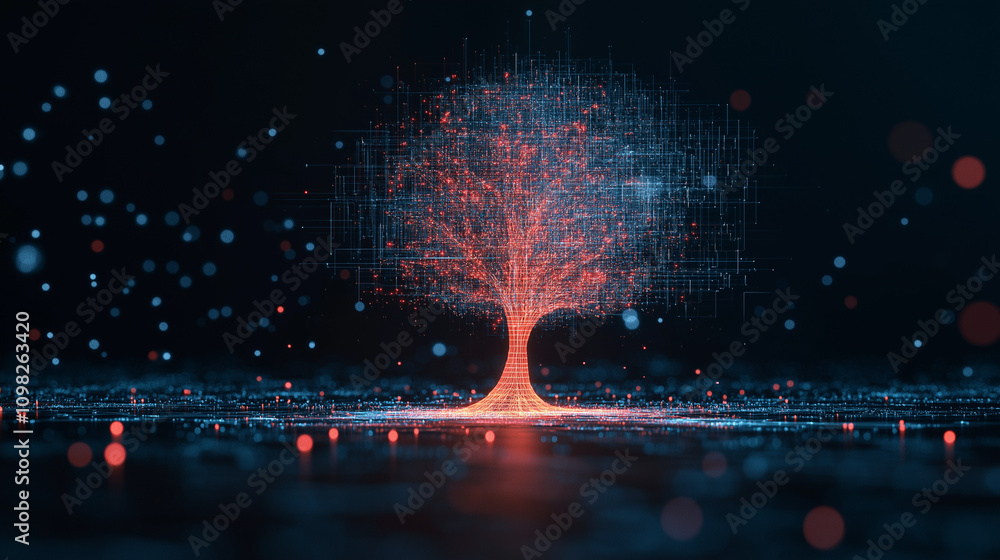 Poster digital tree of growth: a luminous, abstract tree composed of data points glows with vibrant red and