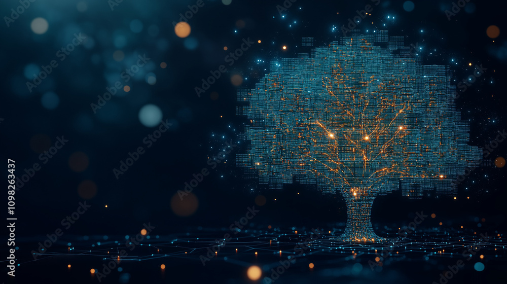 Poster luminous tree of knowledge: a mystical digital tree glows with ethereal light, its branches reaching