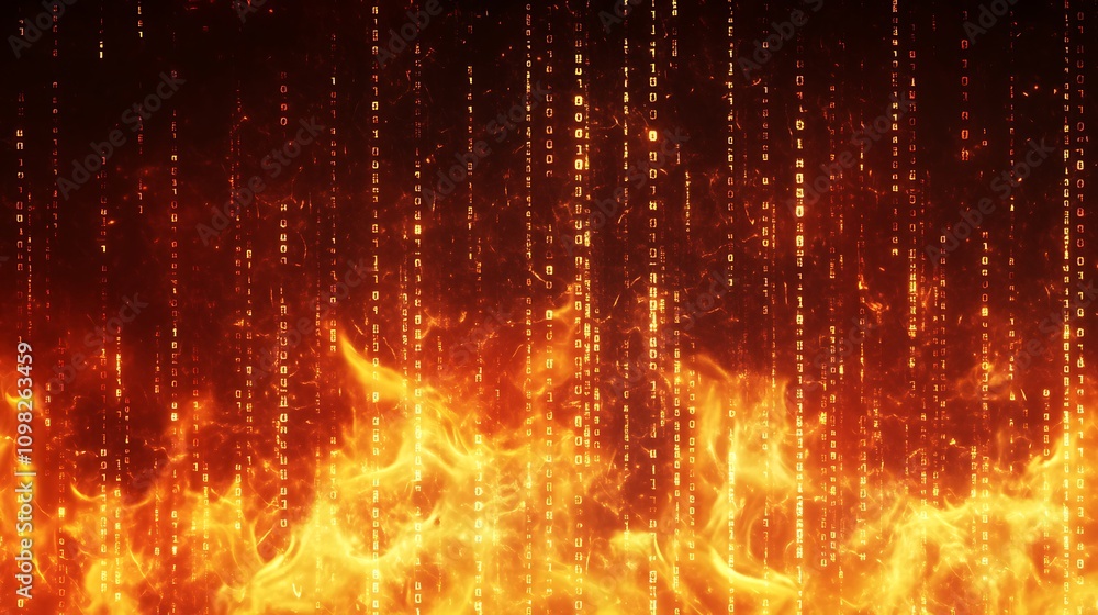 Poster a fiery digital background with cascading flames and glowing particles, creating a dynamic effect.