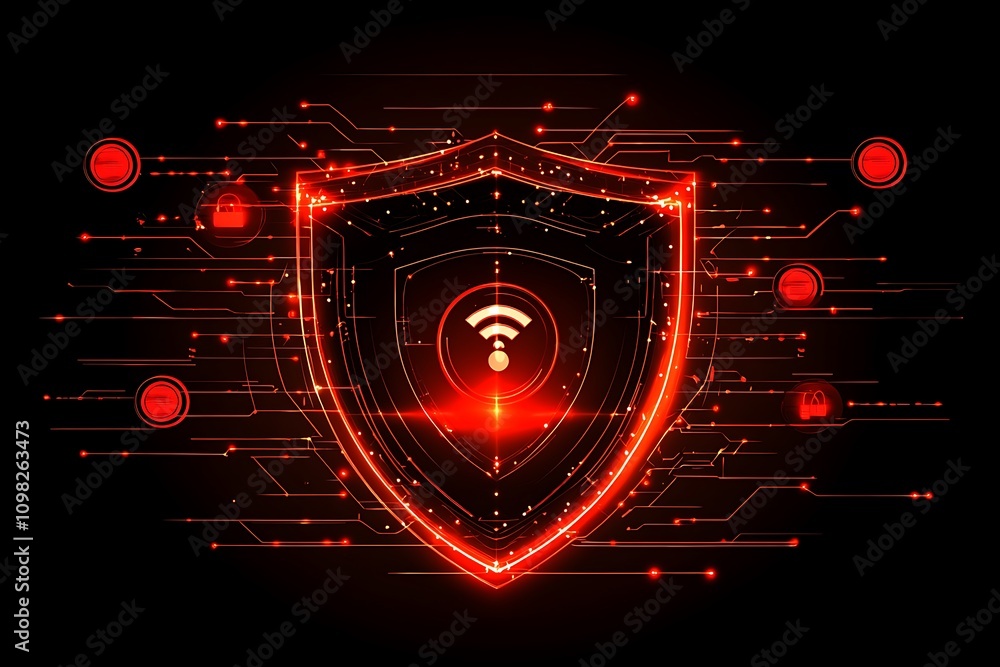Poster a digital shield symbolizing cybersecurity with a wi-fi signal and circuit patterns.