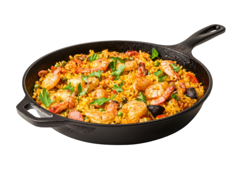 Delicious shrimp paella served in a cast iron skillet, featuring vibrant colors and fresh ingredients. - Powered by Adobe