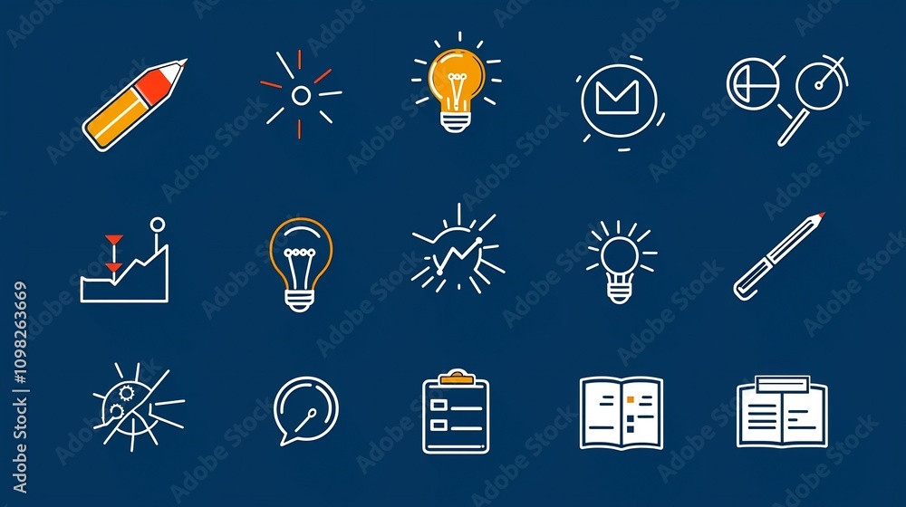 Poster Sleek and modern set of thin line icons depicting various project management workflows strategic planning processes and milestone achievements in a clean minimalist layout  Ideal for business