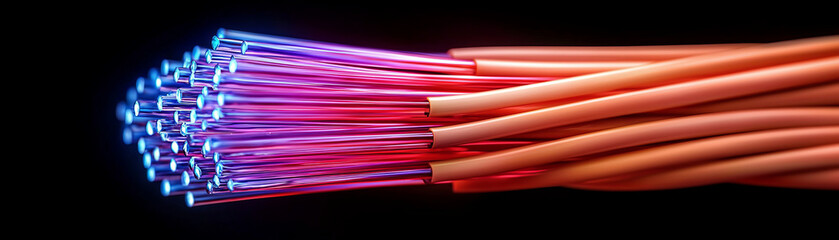 Fiber optic performance concept. Fiber optic cables with vibrant colors and glowing ends