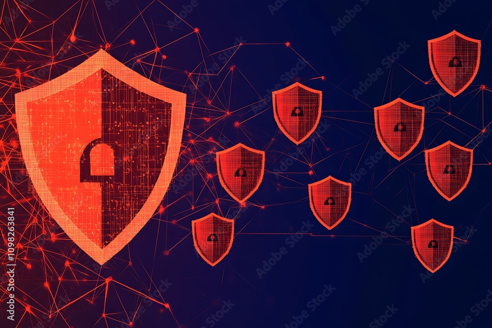 Poster digital shield graphic representing cybersecurity and data protection.