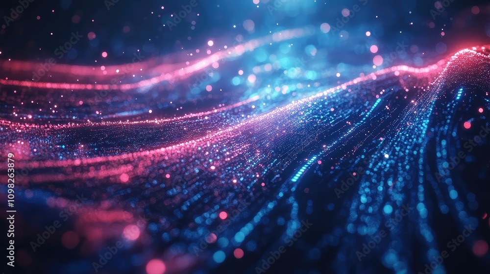 Poster glowing data fragments splitting apart in all directions, surrounded by a swirl of vibrant neon nois