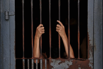 hands of a prisoner behind prison bars on black background	
