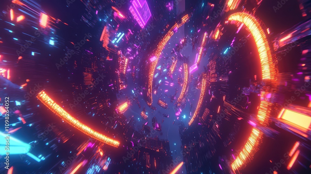 Aufkleber glowing data fragments splitting apart in all directions, surrounded by a swirl of vibrant neon nois