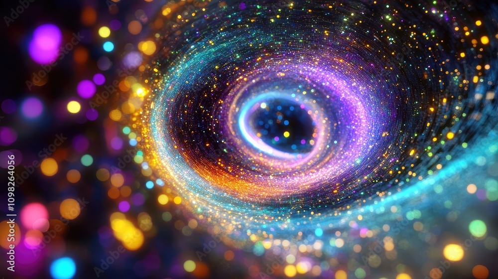 Poster glowing data fragments splitting apart in all directions, surrounded by a swirl of vibrant neon nois