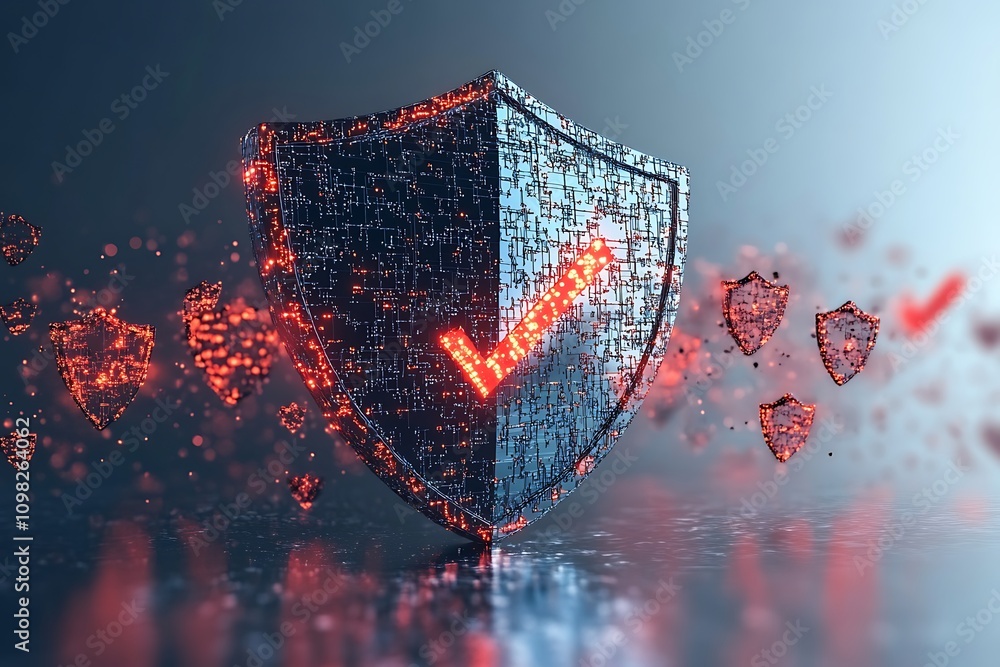 Poster a digital shield symbolizing security with a checkmark, representing protection and trust.