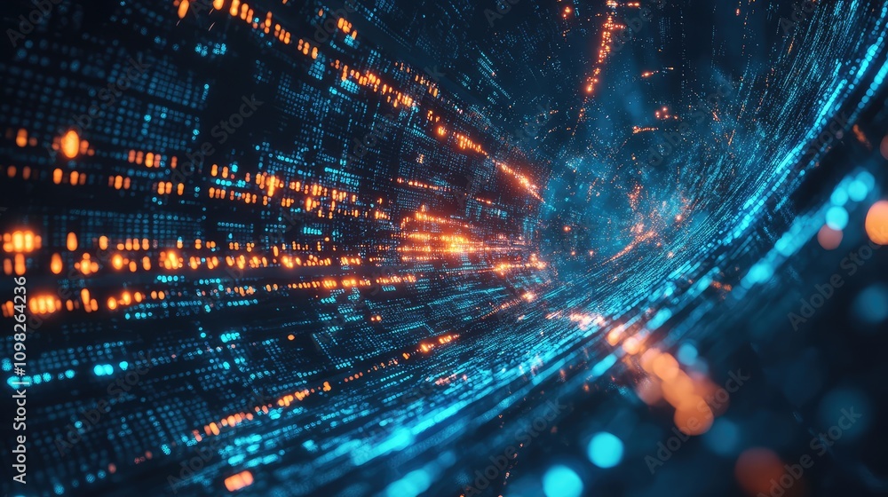 Poster glowing data fragments splitting apart in all directions, surrounded by a swirl of vibrant neon nois