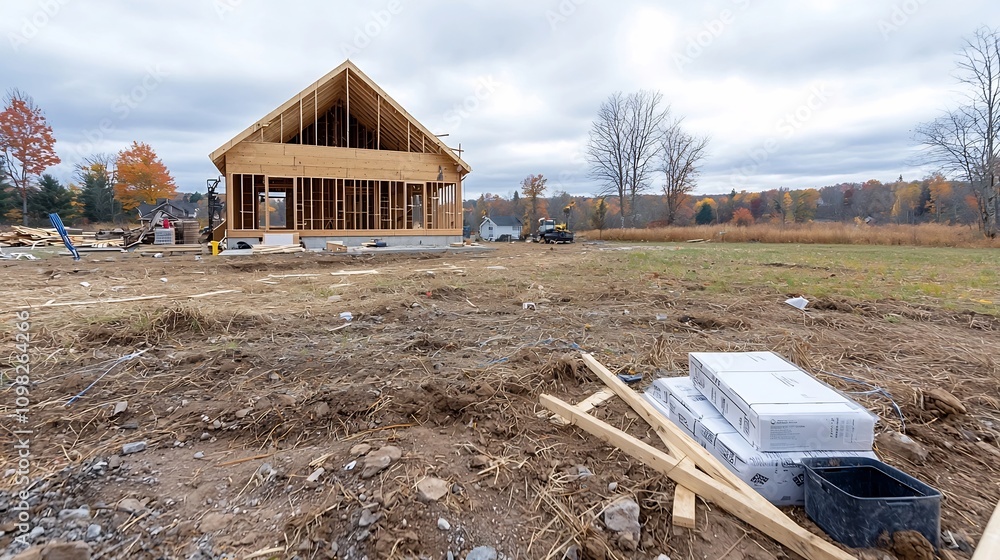 Poster unfinished wooden cabin nestled in a serene rural landscape with scaffolding beams and various const