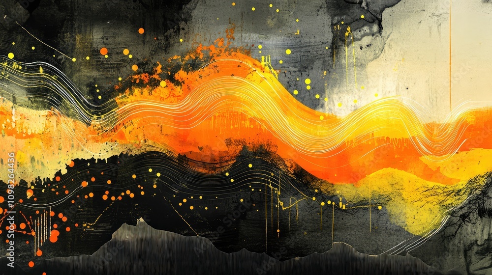 Aufkleber glowing data lines layered over raw brush textures and ink, creating a vivid mixed media composition