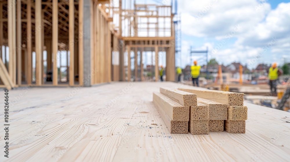 Aufkleber Closeup view of the wooden skeletal frame and timber support beams during the construction of a modern house  The intricate framework and detailed timber elements are showcased in this image