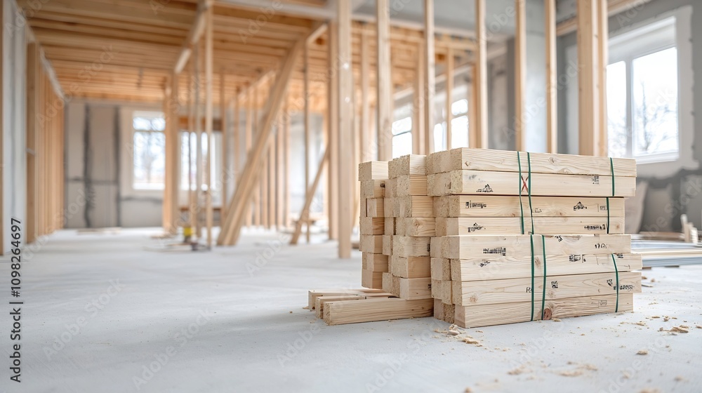 Poster Close up perspective of the detailed timber support beams and wooden skeletal frame at a modern house construction site showcasing the architecture engineering