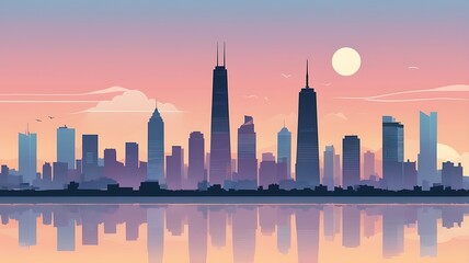Obraz premium Cityscape Silhouette at Sunset Over Calm Water
