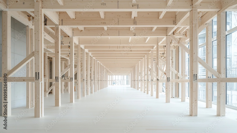Aufkleber closeup view showcasing the intricate wooden skeleton frame of a modern house under construction fea