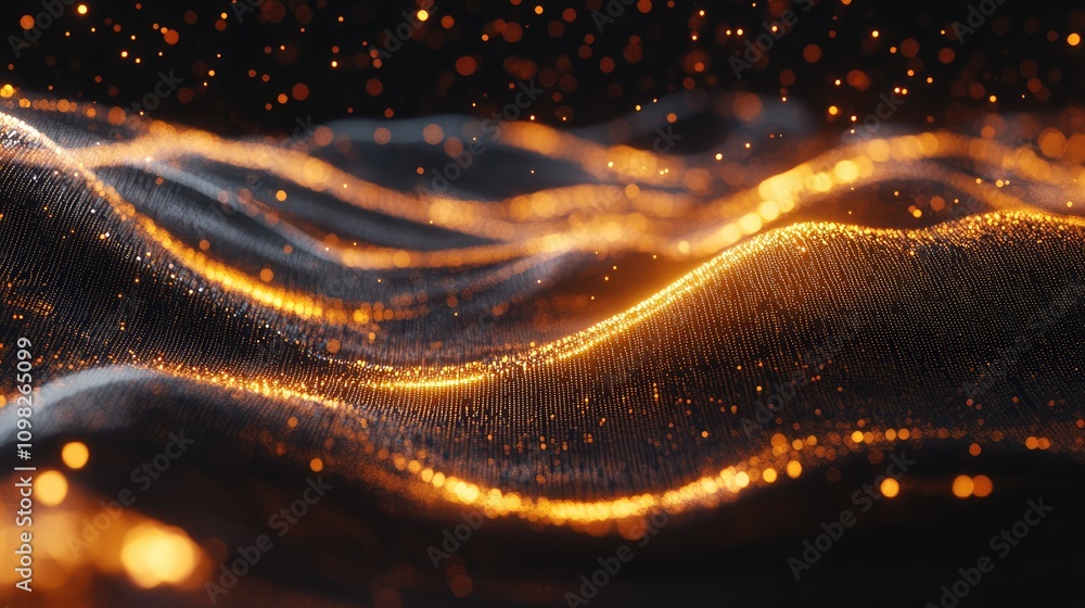 Poster glowing data wave, with light pulses flowing in waves, illustrating abstract digital motion on black