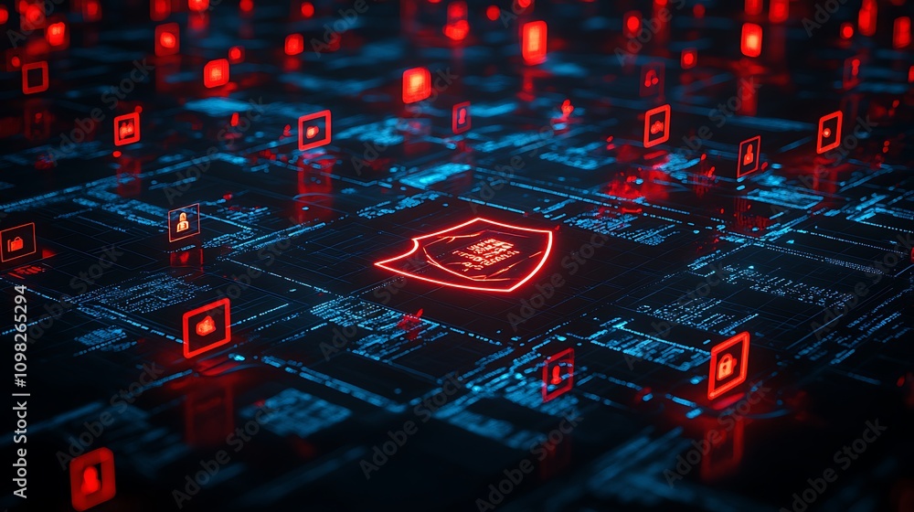 Poster digital network with glowing icons and a central shield symbolizing cybersecurity.