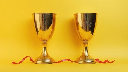 Two golden trophies with red ribbon on a yellow background
