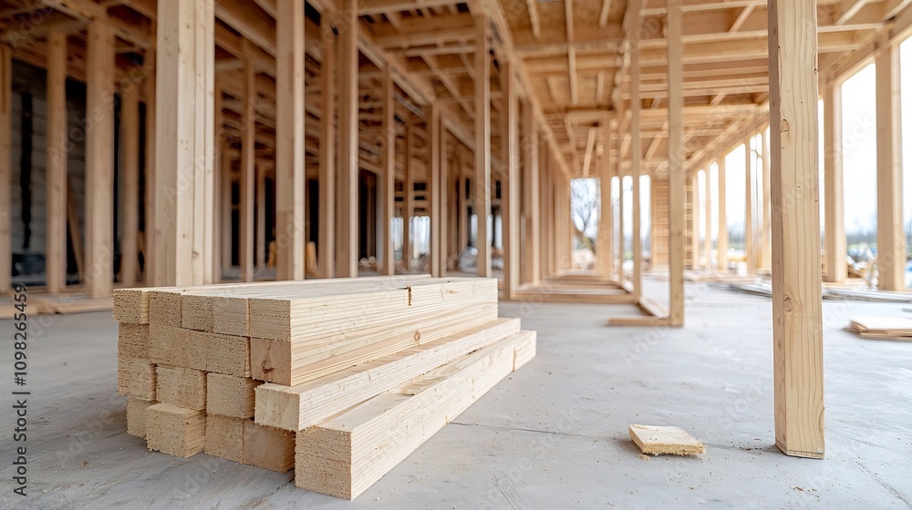 Poster close up view of the detailed timber beams and wooden frame structure of a house under construction 