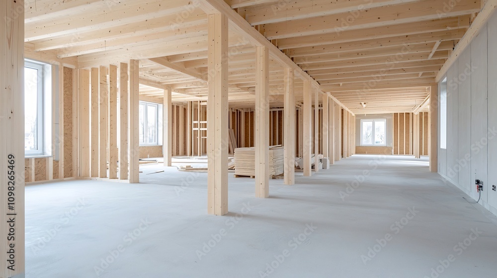 Poster close up view of intricate timber beams and wooden frame structure of a house under construction in 