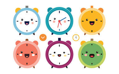 Set of Cute Alarm Clocks&ndash; Cartoon Style Illustrations on white background