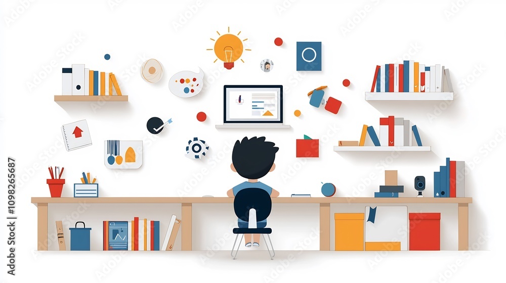 Poster A curious child immersed in a cozy study environment surrounded by bookshelves and warm dark wood intently viewing a floating laptop screen displaying various learning icons