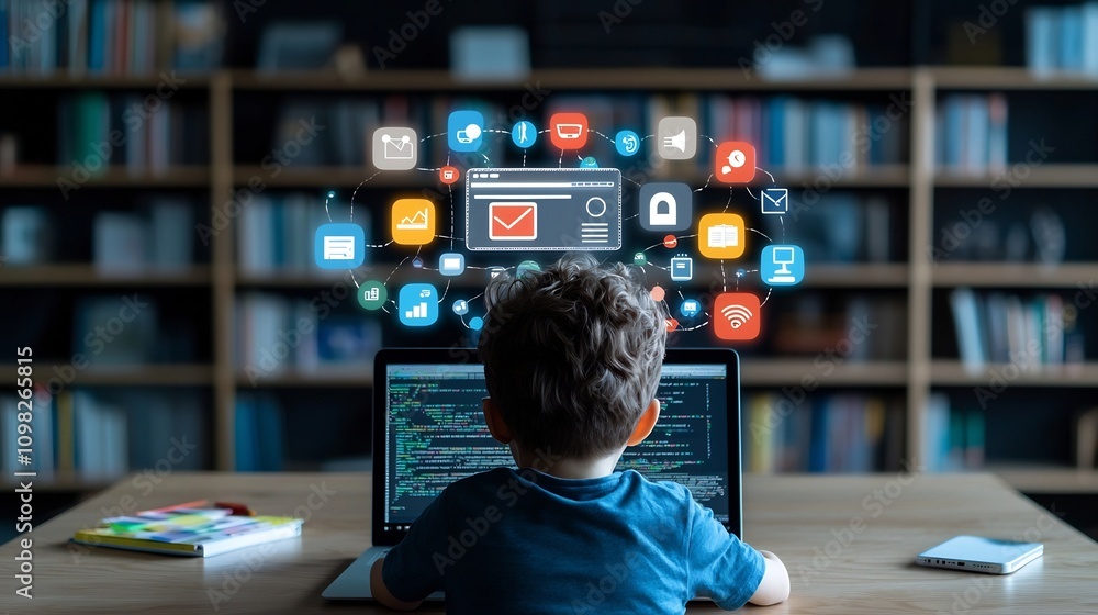 Poster young student sitting with their back turned gazing at a floating laptop screen displaying colorful 