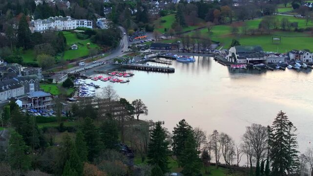 Aerial video of Bowness bay in the town of  Wendermere UK