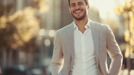 Obraz premium A smiling man in a light blazer stands in a sunlit urban setting.