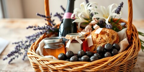 A wicker basket filled with a variety of treats, including honey, jam, chocolate truffles, and a loaf of bread, adorned with a bouquet of white lilies and lavender sprigs